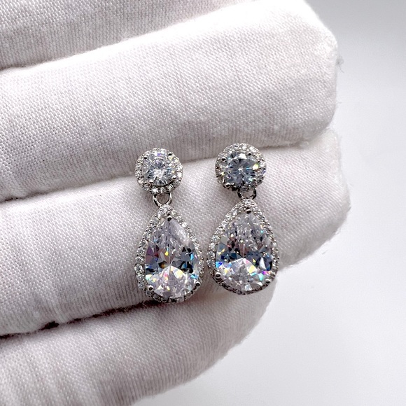 .925 Sterling Silver Rhodium Plated Teardrop CZ Earrings - Picture 1 of 17